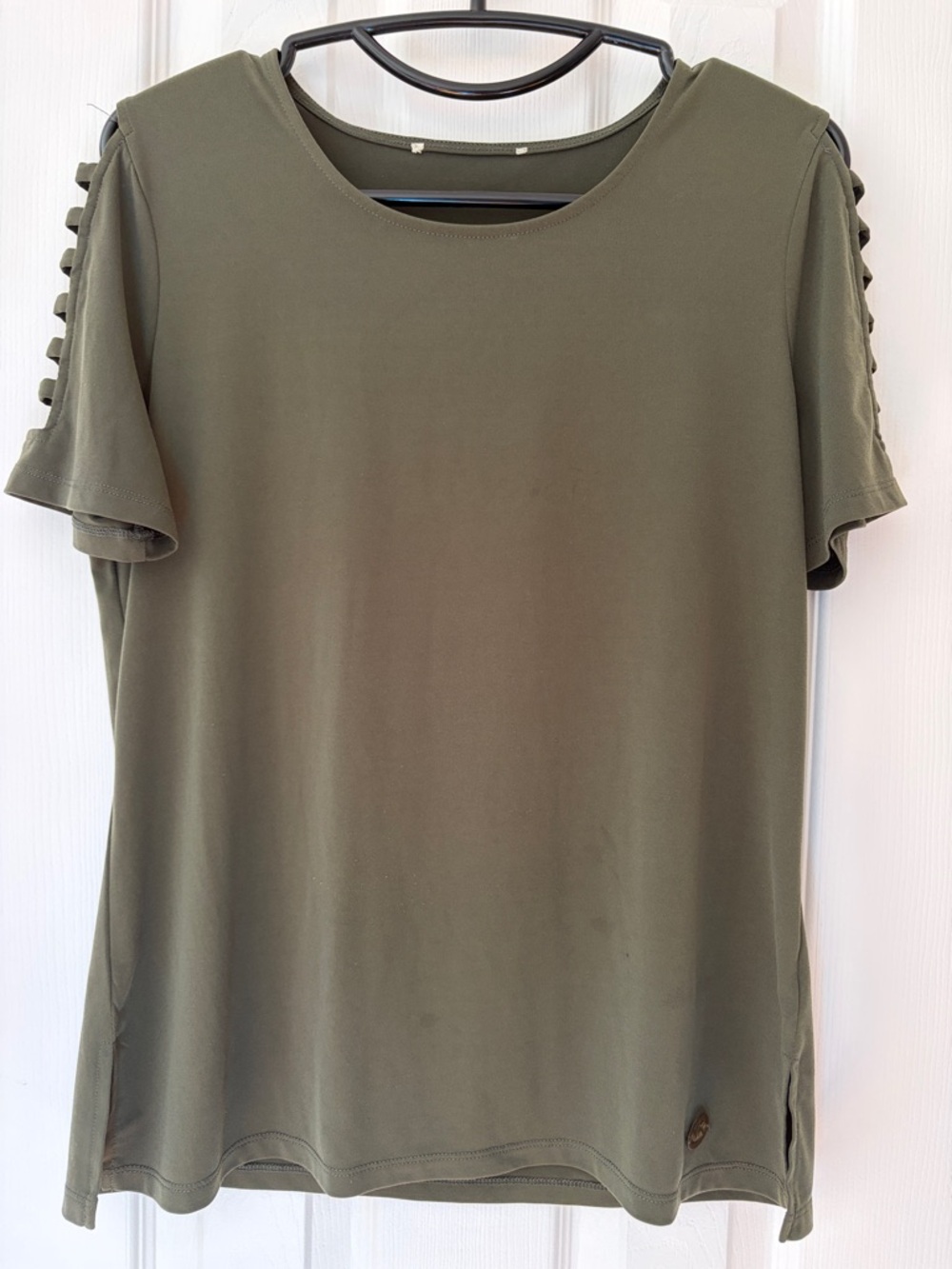 Michael Kors Olive Green Short Sleeve Top with Ladder-Sleeve Detail